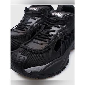 Versace Black Sneakers Rear Metal Logo Leather Trainers  US 12 NWT + Dust Bag